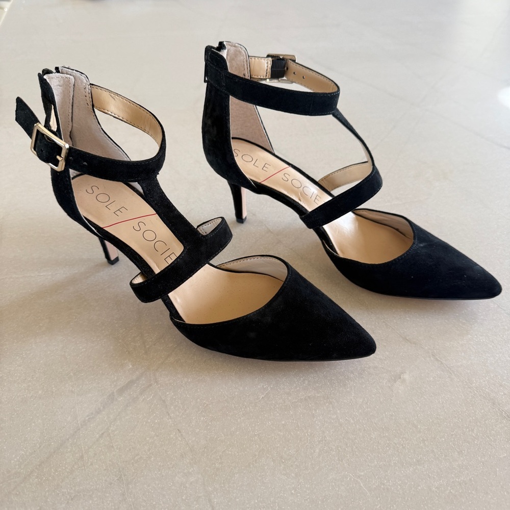Sole Society Edelyn Black Suede Pointed Toe Heels Ankle Strap Womens Size 6 - Picture 6 of 11